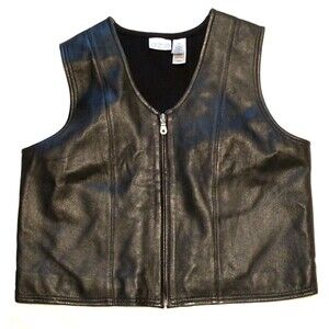 Vtg Sz XL VILLIGER By Liz C Petites 100% Leather Black Vest W/ back Fabric